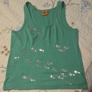 Tory Burch 🥰 Green Tank Top with Silver Fish Design